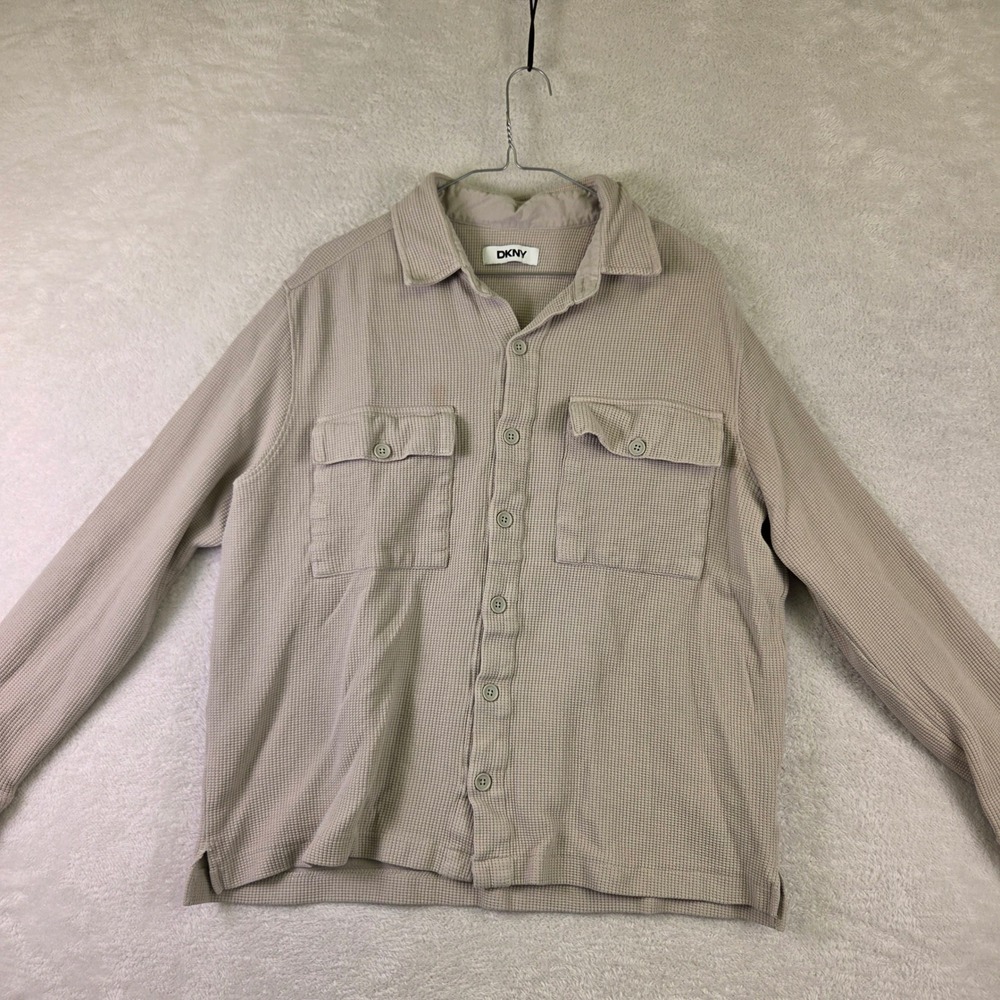 DKNY Womens Waffle Knit Button Down Shirt Tan Beige Long Sleeve Pockets 4072